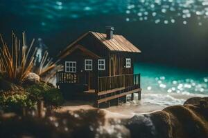 uma miniatura casa em a de praia com água e uma claro. gerado por IA foto