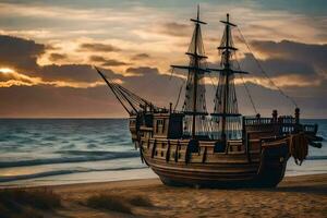uma pirata navio em a de praia às pôr do sol. gerado por IA foto