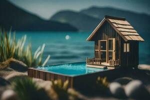 uma miniatura casa com uma piscina em a de praia. gerado por IA foto