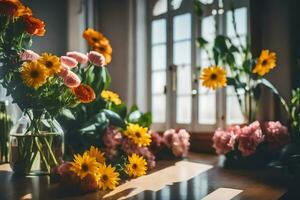 flores dentro vasos em uma mesa dentro frente do uma janela. gerado por IA foto