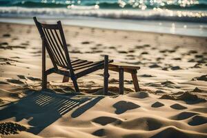 uma de madeira cadeira senta em a de praia perto a oceano. gerado por IA foto