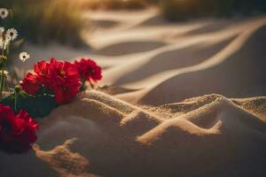 vermelho flores dentro a areia. gerado por IA foto