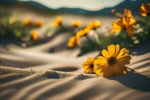 amarelo flores dentro a areia. gerado por IA foto