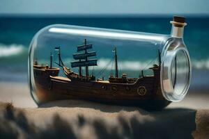 navio dentro uma garrafa em a de praia. gerado por IA foto