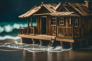 uma de madeira casa em a de praia com ondas. gerado por IA foto