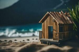 uma miniatura de madeira casa em a de praia. gerado por IA foto