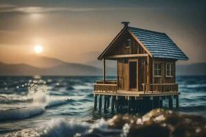 uma pequeno de madeira casa senta em a costa do a oceano. gerado por IA foto