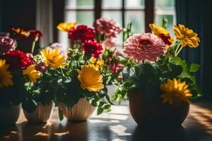 flores dentro vasos em uma mesa. gerado por IA foto