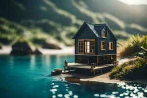 uma miniatura casa em uma pequeno ilha de a água. gerado por IA foto