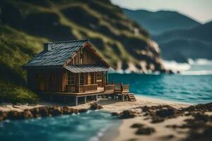 uma miniatura casa em a de praia de a oceano. gerado por IA foto