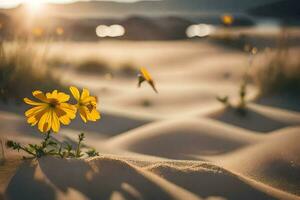 a Sol é configuração sobre a areia dunas dentro a deserto. gerado por IA foto