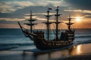 uma pirata navio é em a de praia às pôr do sol. gerado por IA foto