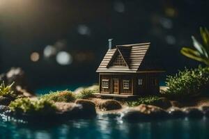 uma miniatura casa em uma pequeno ilha dentro a água. gerado por IA foto