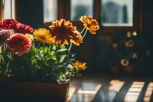 uma flor Panela sentado em uma mesa dentro frente do uma janela. gerado por IA foto