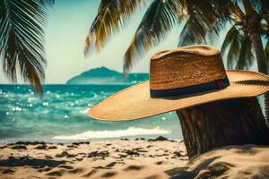 uma Palha chapéu em a de praia com Palma árvores gerado por IA foto
