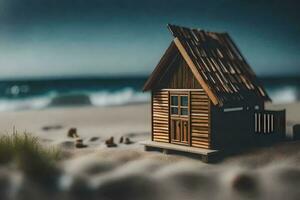 uma miniatura de madeira casa em a de praia. gerado por IA foto