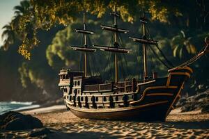 uma pirata navio em a de praia. gerado por IA foto
