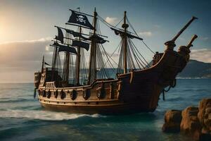 uma pirata navio é Navegando dentro a oceano. gerado por IA foto