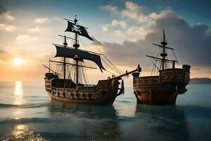 dois pirata navios dentro a oceano às pôr do sol. gerado por IA foto