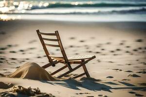 uma cadeira senta em a de praia com areia e água. gerado por IA foto