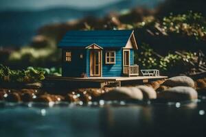 uma miniatura azul casa em a costa do uma lago. gerado por IA foto