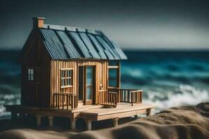 uma miniatura de madeira casa em a de praia. gerado por IA foto