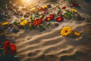 flores dentro a areia às pôr do sol. gerado por IA foto