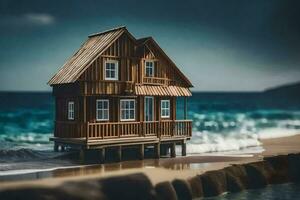 uma miniatura de madeira casa em a de praia. gerado por IA foto