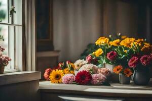 flores dentro vasos em uma peitoril da janela. gerado por IA foto