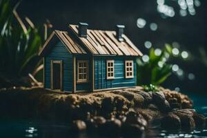 uma miniatura casa em uma Rocha dentro a água. gerado por IA foto