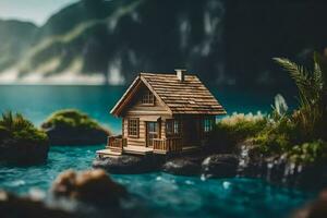 uma miniatura casa em uma Rocha de a água. gerado por IA foto