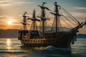 uma pirata navio Navegando dentro a oceano às pôr do sol. gerado por IA foto
