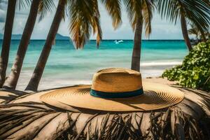 uma chapéu senta em a areia perto Palma árvores gerado por IA foto