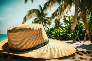 uma Palha chapéu em a de praia com Palma árvores gerado por IA foto