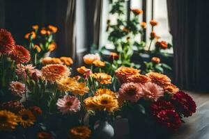 flores dentro uma vaso em uma mesa dentro frente do uma janela. gerado por IA foto