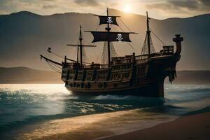 pirata navio em a de praia. gerado por IA foto