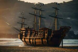 uma pirata navio em a de praia às pôr do sol. gerado por IA foto