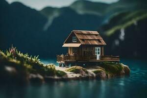 uma miniatura casa em uma pequeno ilha dentro a meio do uma lago. gerado por IA foto