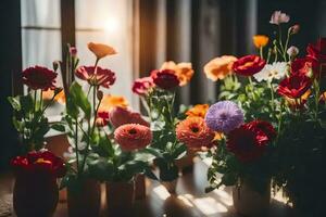 flores dentro vasos em uma mesa dentro frente do uma janela. gerado por IA foto