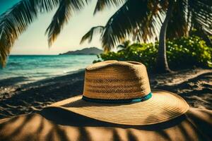 uma chapéu senta em a areia perto a oceano. gerado por IA foto