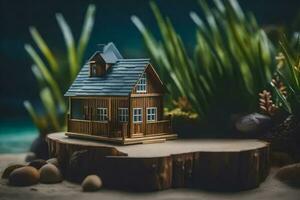 uma miniatura casa em uma toco dentro a areia. gerado por IA foto