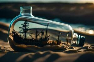 uma garrafa com uma navio dentro do isto em a de praia. gerado por IA foto