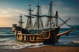 uma pirata navio senta em a de praia às pôr do sol. gerado por IA foto