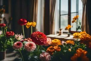 flores dentro uma vaso em uma peitoril da janela. gerado por IA foto