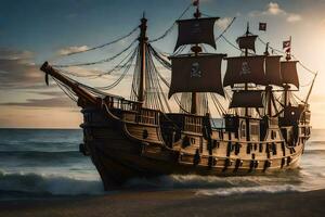 uma pirata navio é Navegando em a oceano. gerado por IA foto