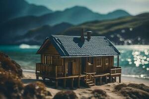 uma miniatura de madeira casa em a de praia. gerado por IA foto