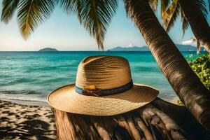 uma chapéu senta em uma Palma árvore em a de praia. gerado por IA foto