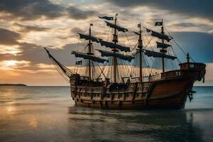 uma pirata navio é ancorado dentro a oceano às pôr do sol. gerado por IA foto