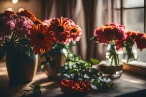 flores dentro vasos em uma janela peitoril. gerado por IA foto