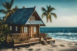 uma miniatura de madeira casa em a de praia. gerado por IA foto